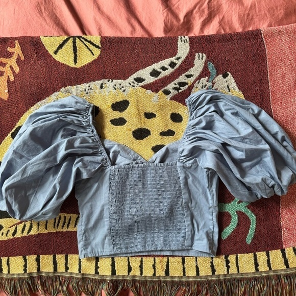 Abercrombie&Fitch Cotton Blend Puff Sleeve Keyhole Cropped Blouse Blue Small - Picture 3 of 4